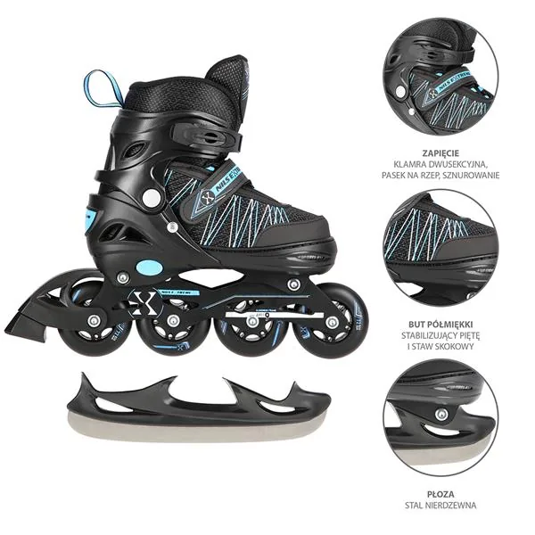ŁYŻWOROLKI Z WYMIENNĄ PŁOZĄ HOKEJOWĄ NILS EXTREME CZARNO-NIEBIESKIE 2W1
