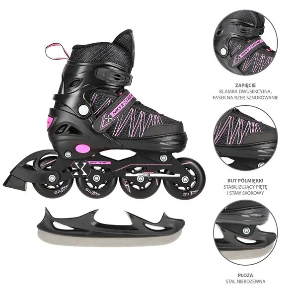 ŁYŻWOROLKI Z WYMIENNĄ PŁOZĄ HOKEJOWĄ NILS EXTREME CZARNO-RÓŻOWE 2W1